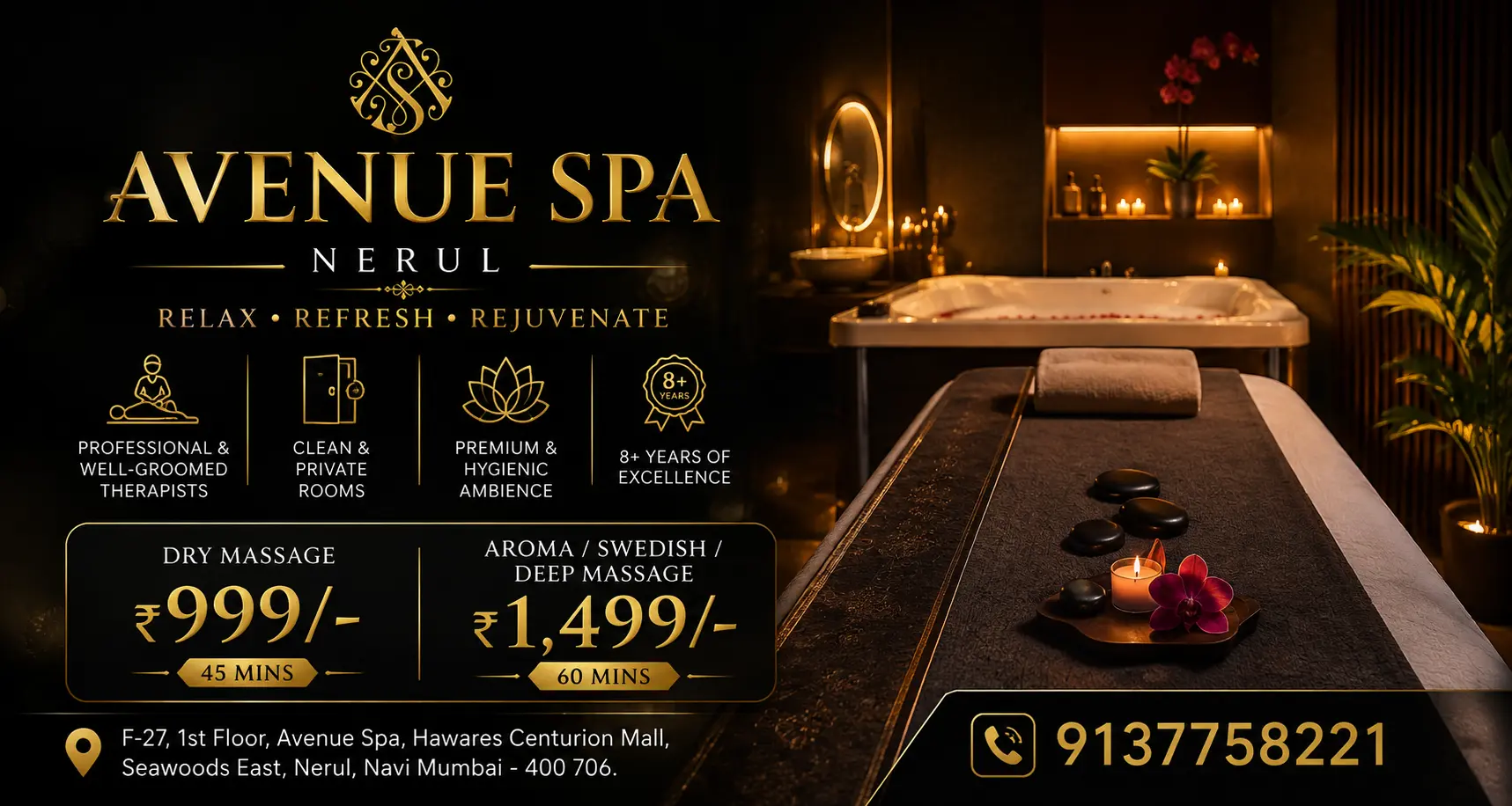 Avenue Spa Nerul offers: Dry Massage ₹999 for 45 minutes and Aroma, Swedish or Deep Massage ₹1,499 for 60 minutes